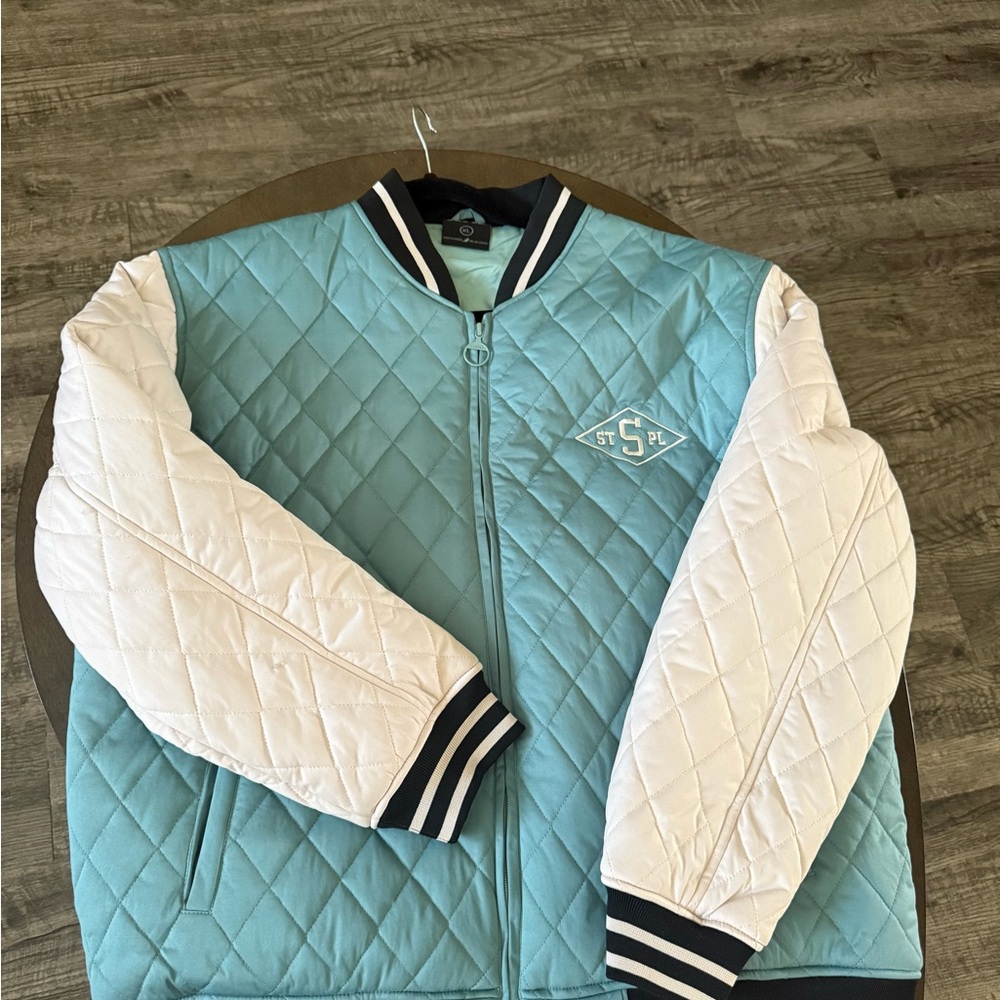 Teal and White Quilted Bomber Jacket